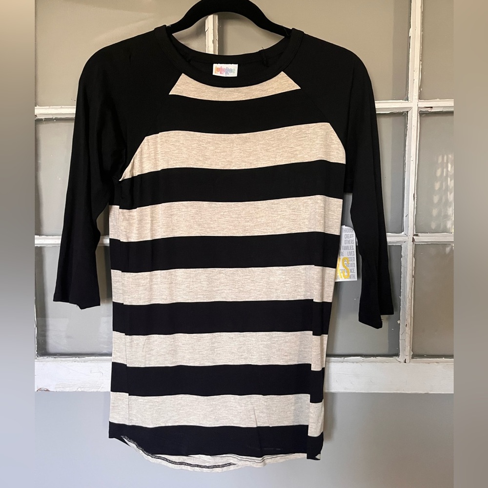 Lularoe randy raglan shirt - black and tan striped - XXS BNWT